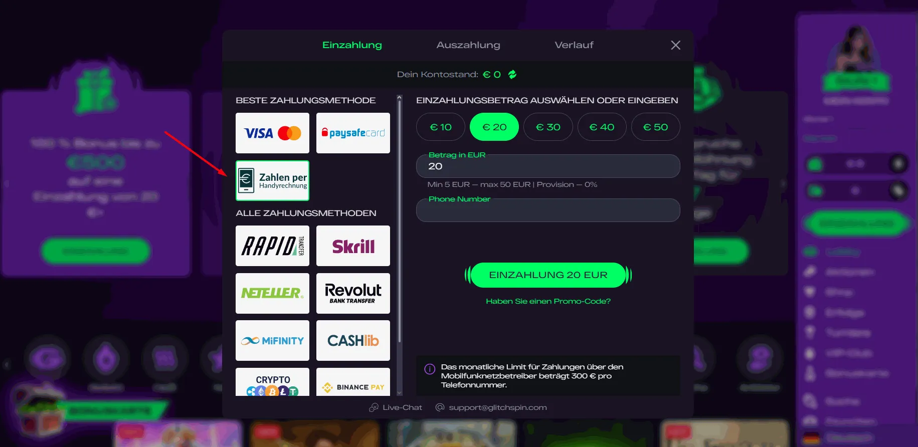 Glitch Spin Casino mit Handyrechnung