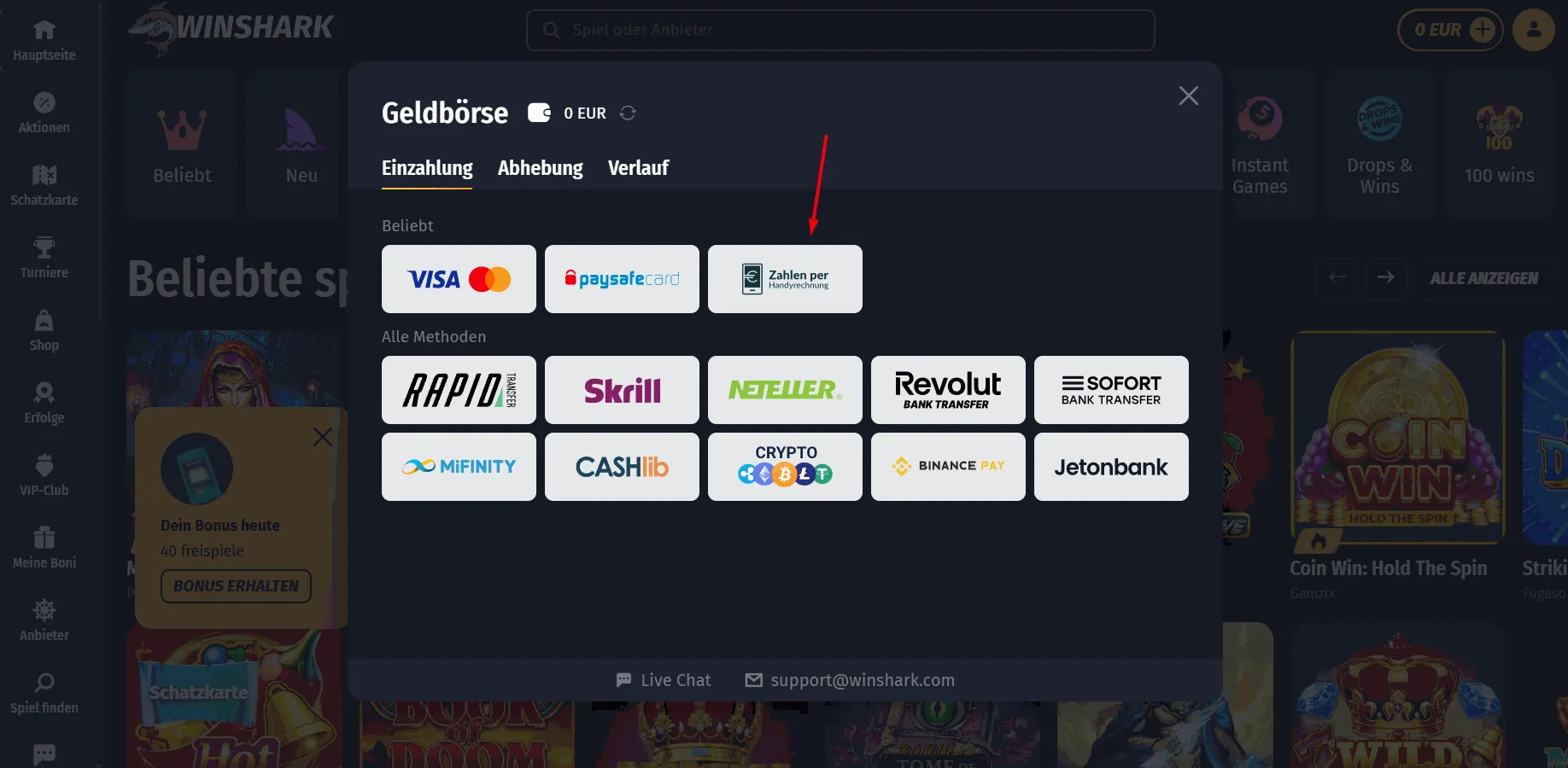 Winshark Casino mit Handyrechnung