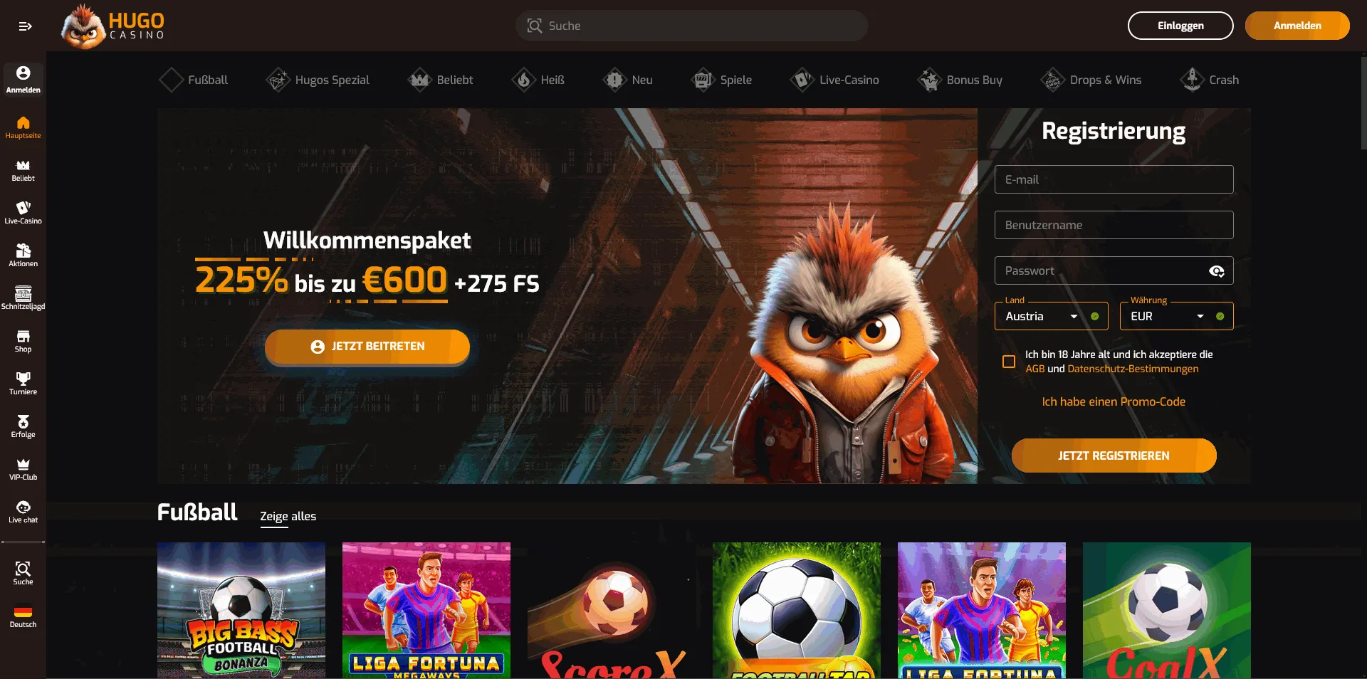 Startseite des Hugo Online Casinos
