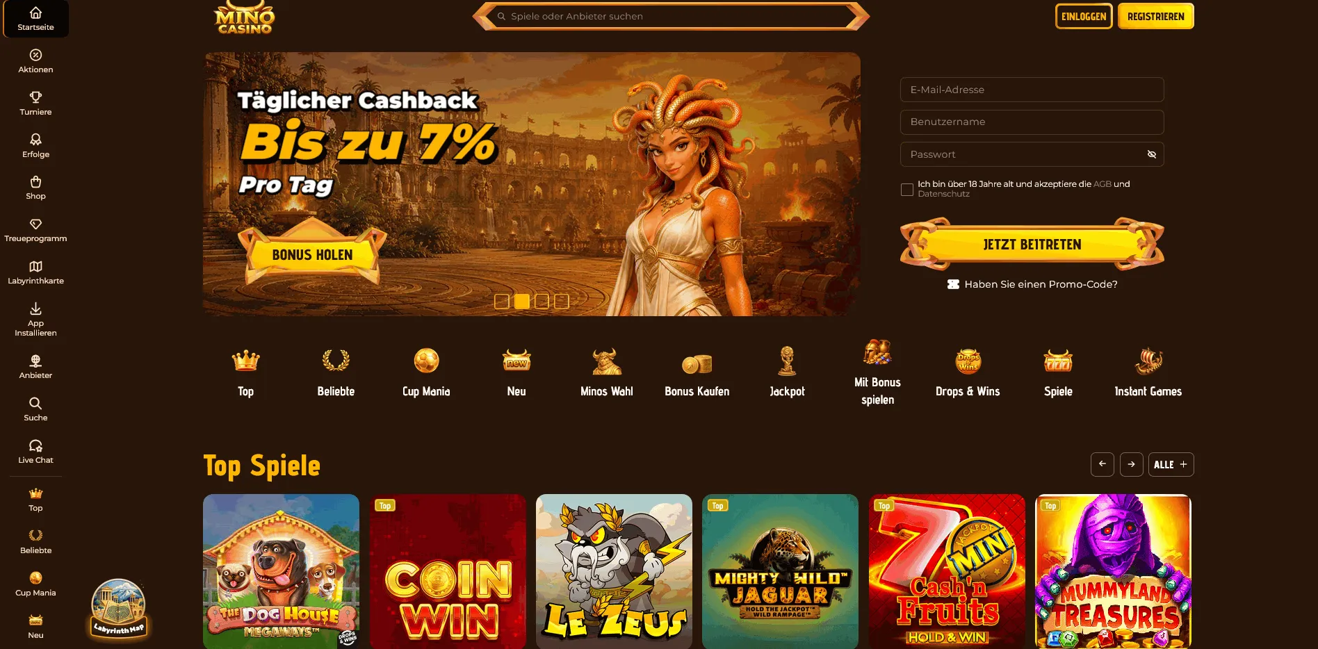 Startseite des Mino Online Casinos