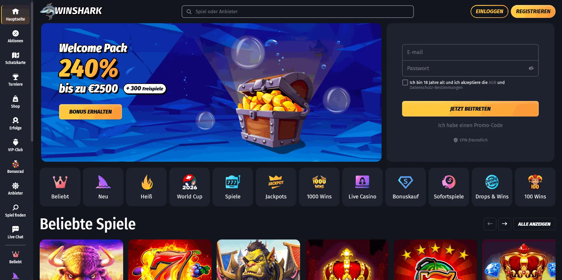 Startseite des Winshark Online Casinos