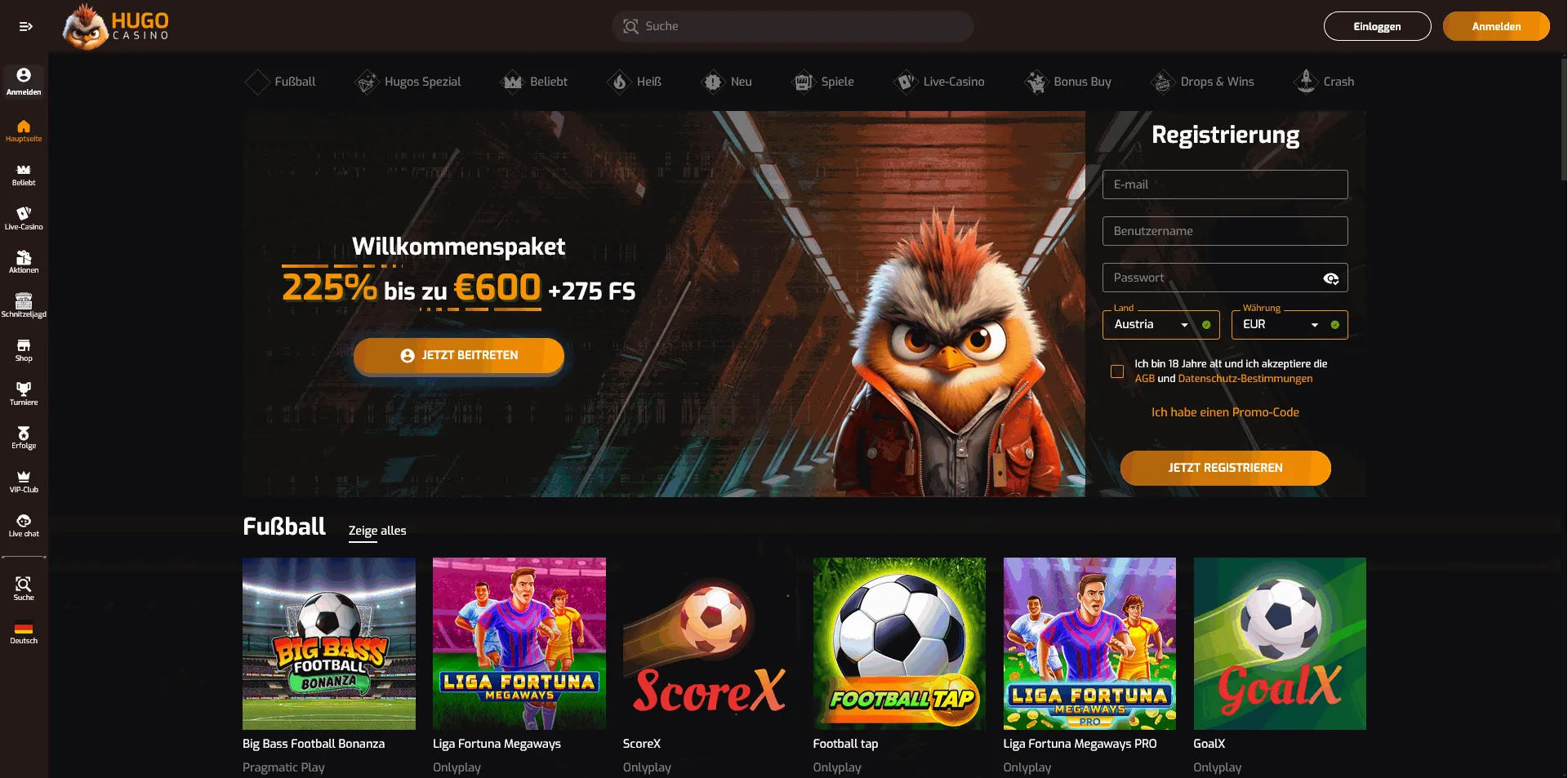 Startseite des Hugo Online Casinos