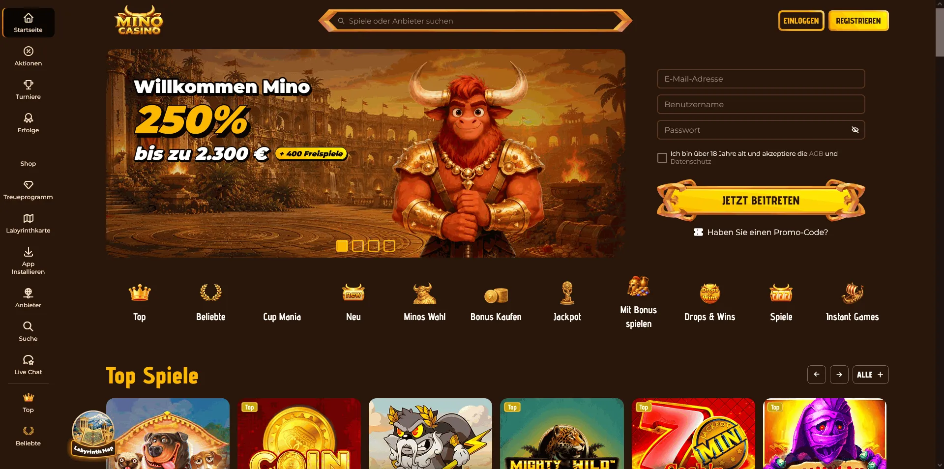 Startseite des Mino Online Casinos