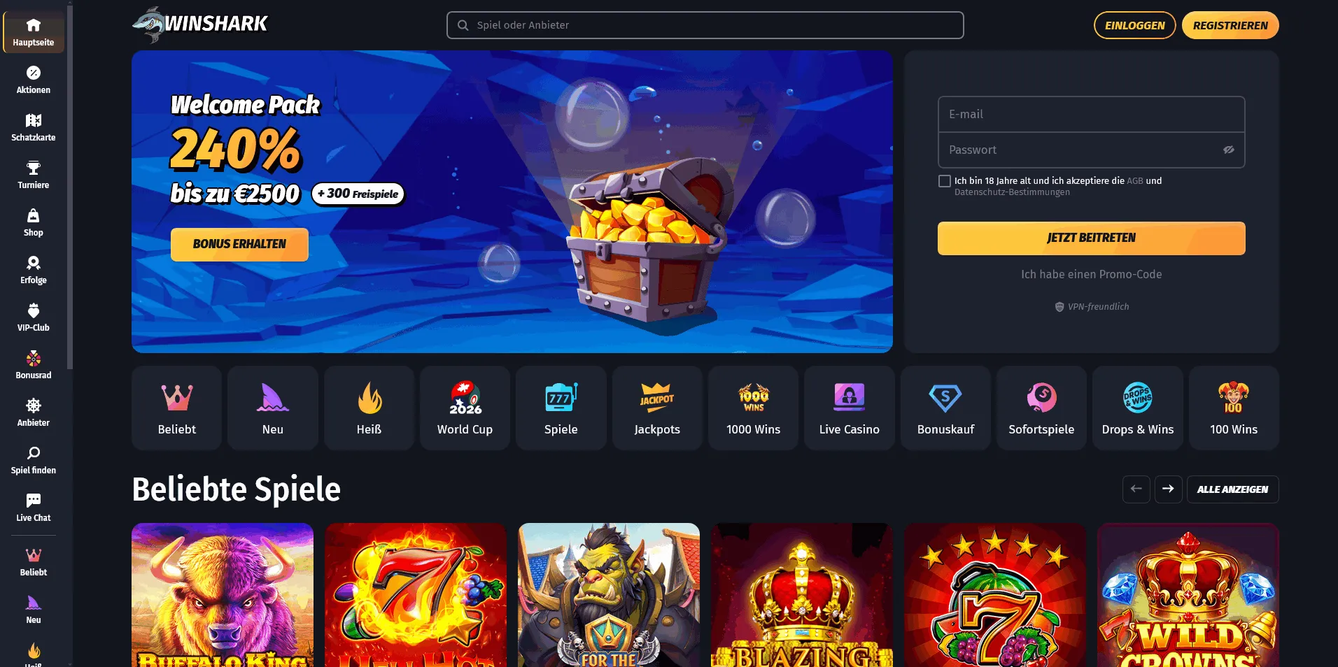 Startseite des Winshark Online Casinos